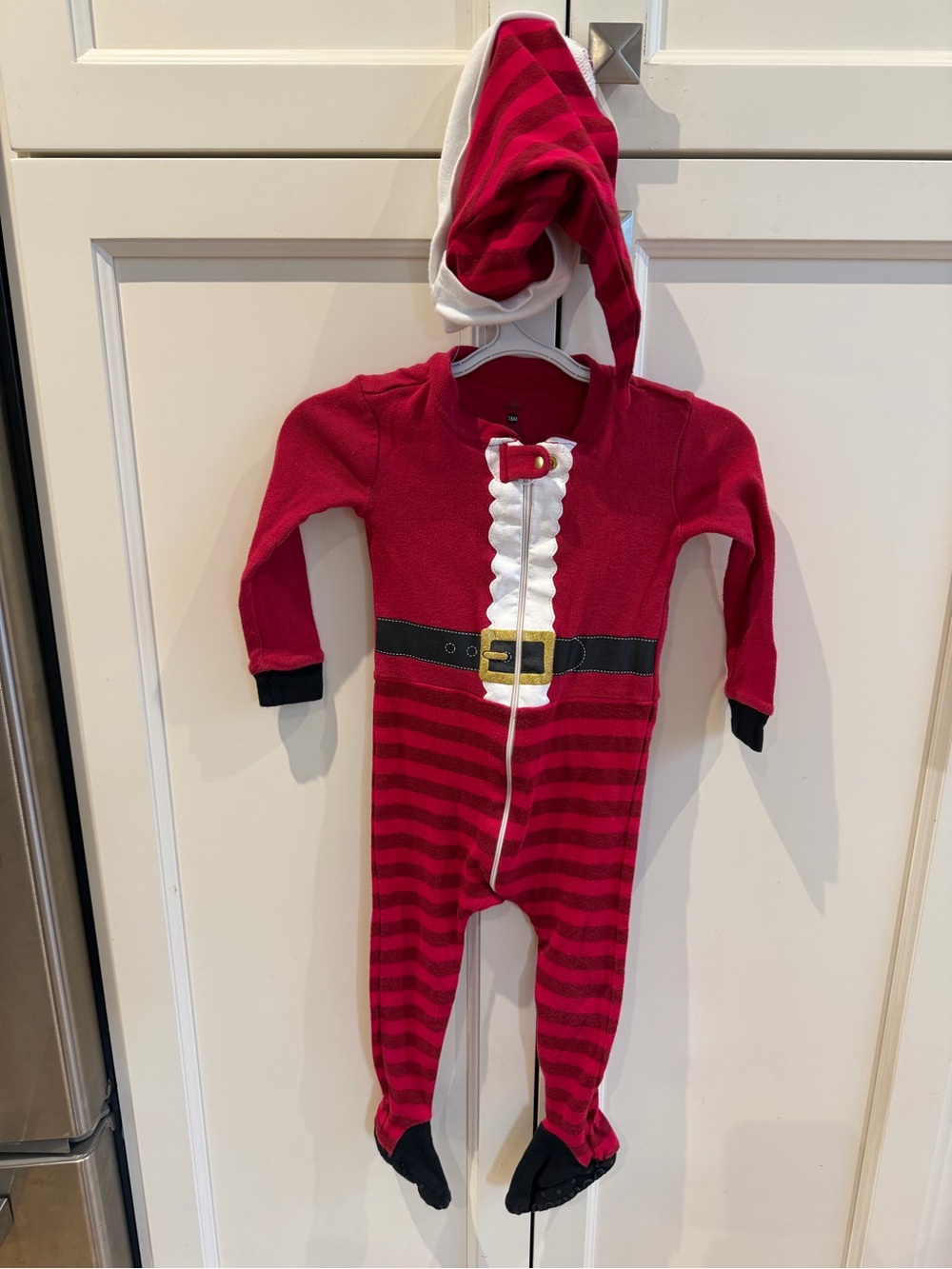 Petit lem 18m Red Santa Stripe One-Piece Holiday Pajamas - with hat